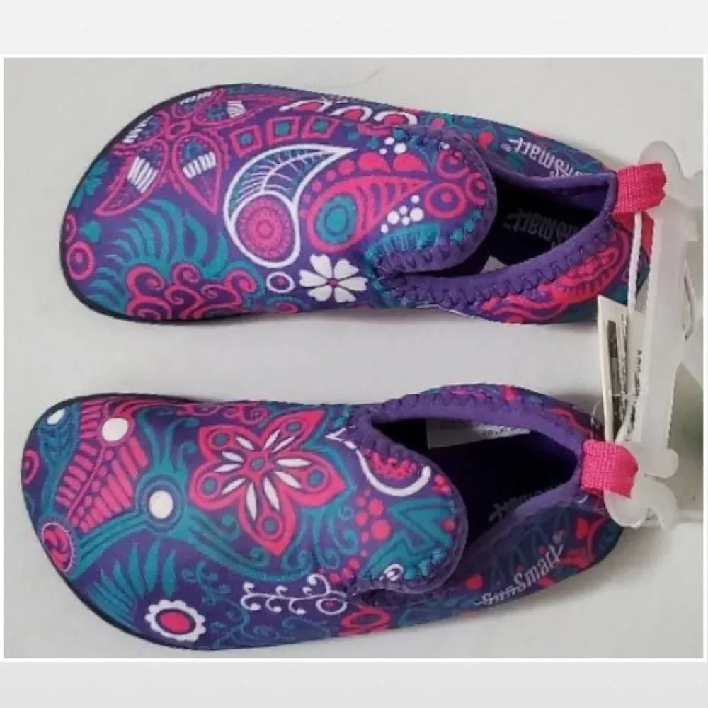 New Aqua Leisure Water Shoes Kid Size 7 8 Purple Floral Slip Ons